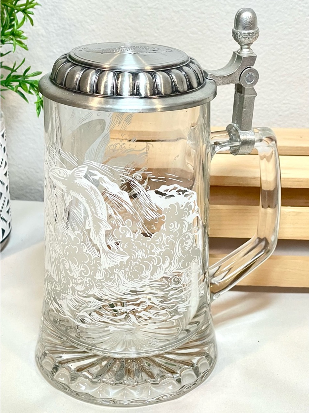 Etched Beer Glass Stein With 95% Pewter Lid Vintage Fish in the Waves | Italy